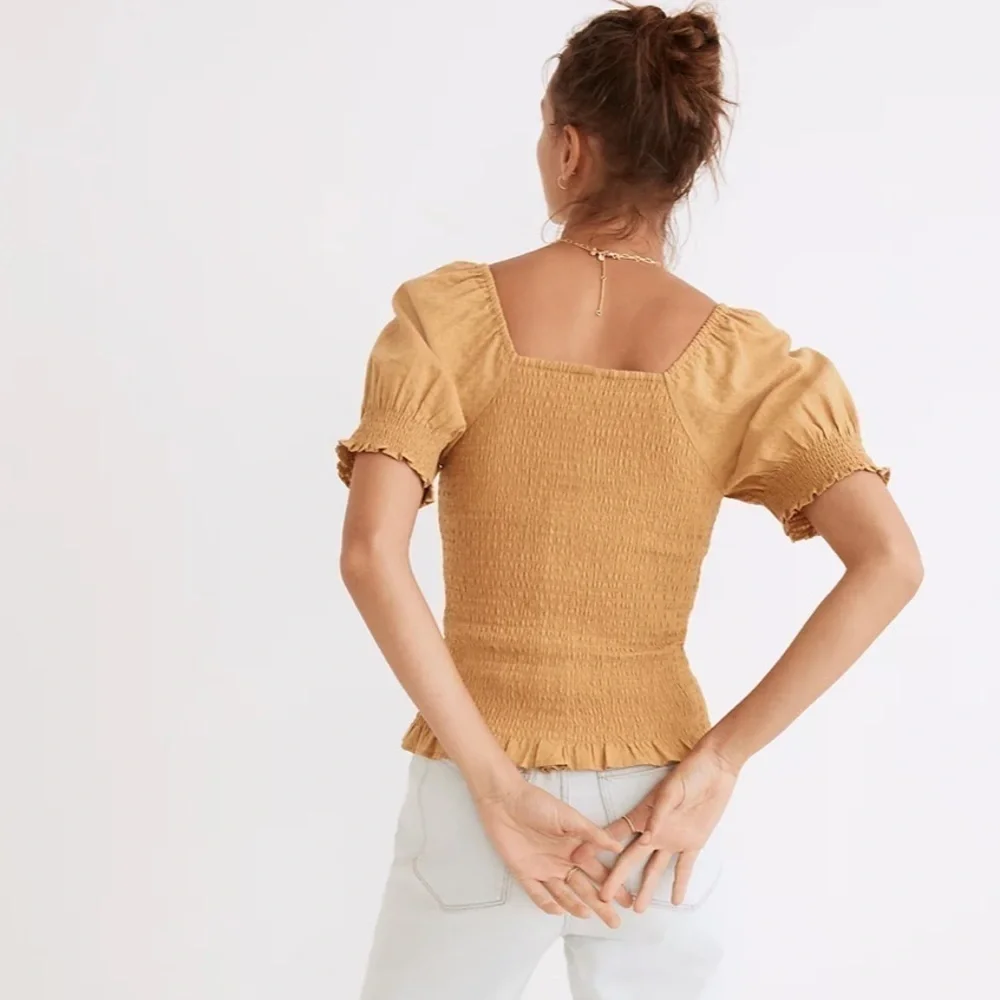 Madewell lucie puff sleeve smocked bodice top earthen gold